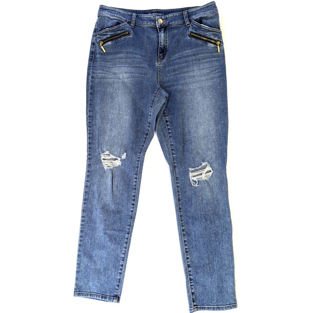 Chicos Platinum Jegging Blue Distressed Denim Jeans Size 2 Regular Medium Wash